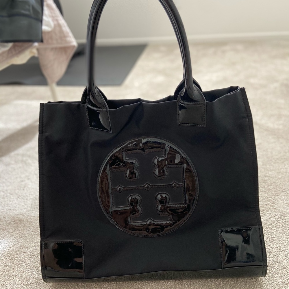 Tory Burch Black Ella Patent Nylon Tote